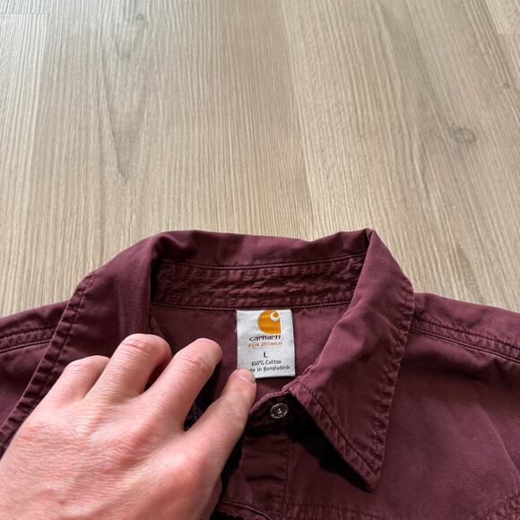 Women's Carhartt Dark Wine Red Pearl Snap Button Up Long Sleeve Shirt Sz Large - Picture 6 of 6